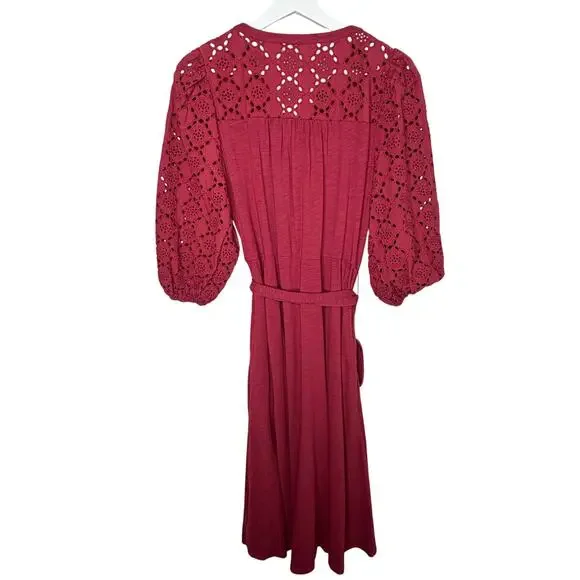 Boden Eden Broderie Jersey Puff Sleeve Midi Dress Garnet Red Women's Size 8P - Picture 9 of 11